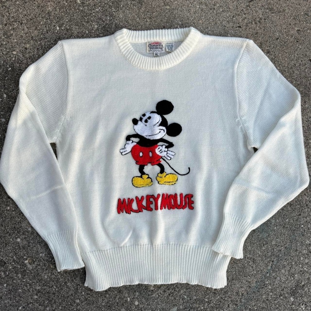 VTG 80s Disney Mickey Mouse Sweater Cream Embroidered Mens XL